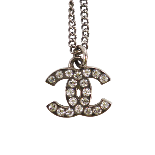 CHANEL Used CC Logos Rhinestones Necklace Pendant Silver F12 W France