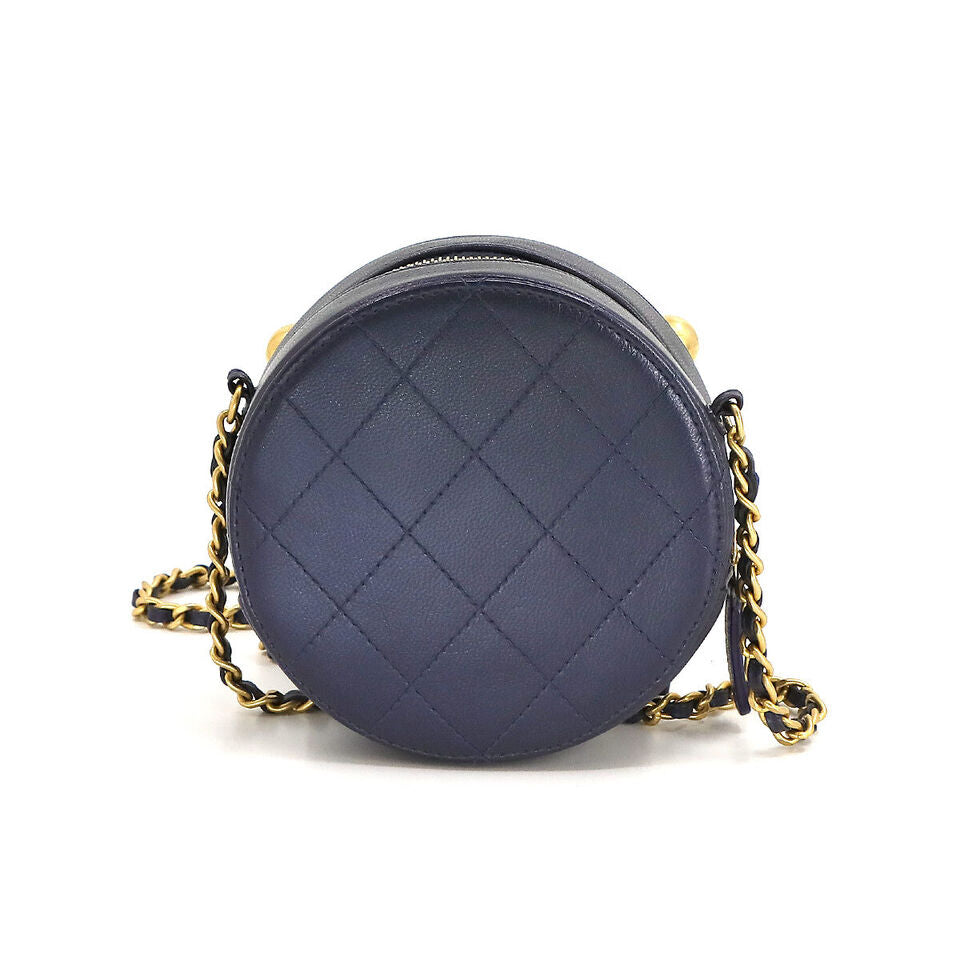 CHANEL Matelasse Round Chain Shoulder Bag Leather Navy Purse