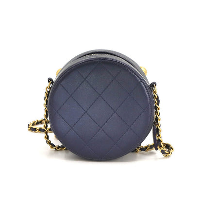 CHANEL Matelasse Round Chain Shoulder Bag Leather Navy Purse