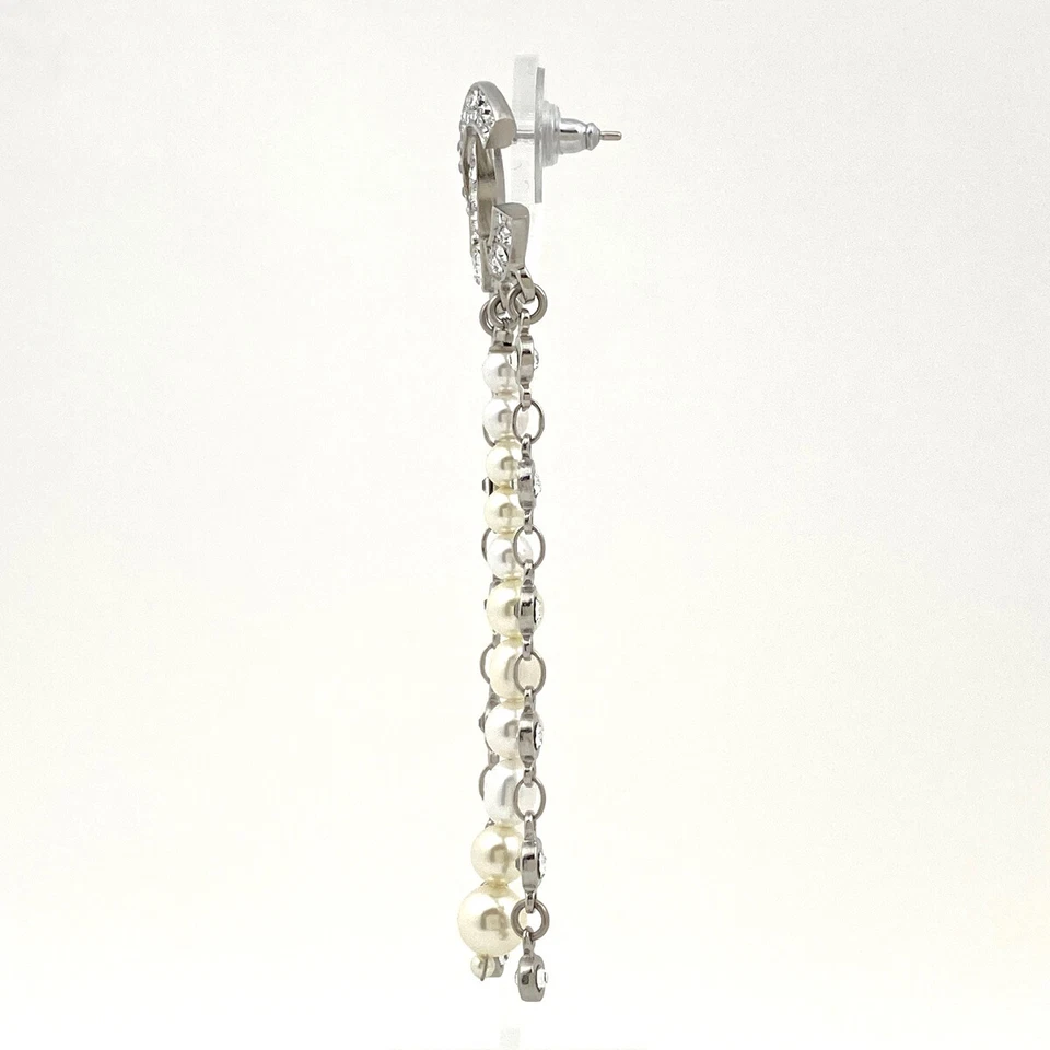 Chanel CC Rhinestone & Pearl Drop Stud Earrings in Silver Tone (C20S)