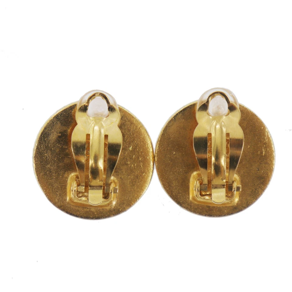 CHANEL CC Logos Used Round Circle Earrings Gold Black Clip-On 93A