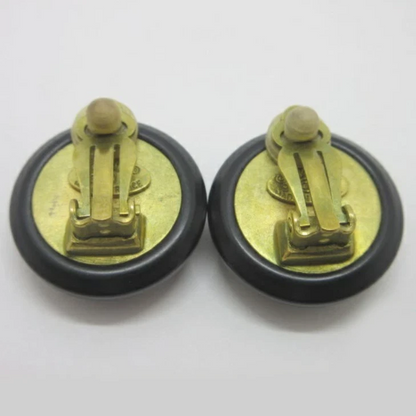 Chanel Vintage CC Logos Round Clip-On Earrings in Gold Tone & Black (95P)