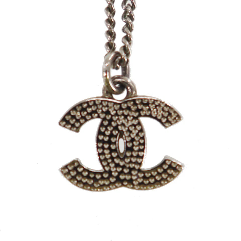 CHANEL Used CC Logos Rhinestones Necklace Pendant Silver F12 W France