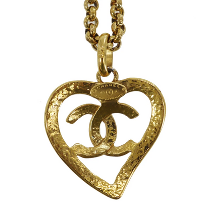 CHANEL CC Logos Heart Used Necklace Pendant Gold-Plated 95P Vintage