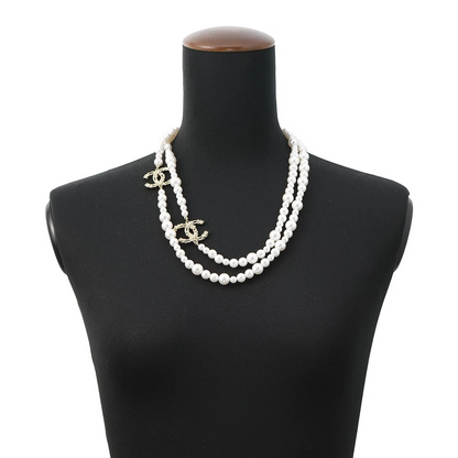 CHANEL Pearl Long Necklace Gold Plated Faux Pearl Rhinestone Champagne Gold