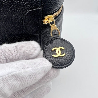 Auth CHANEL CC LOGO Vanity Bag Caviar Skin Leather Black Gold Vintage