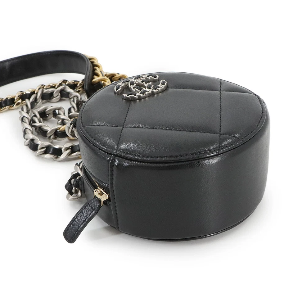 CHANEL 19 Round Clutch Chain Shoulder Bag Leather Black AP0945 Purse