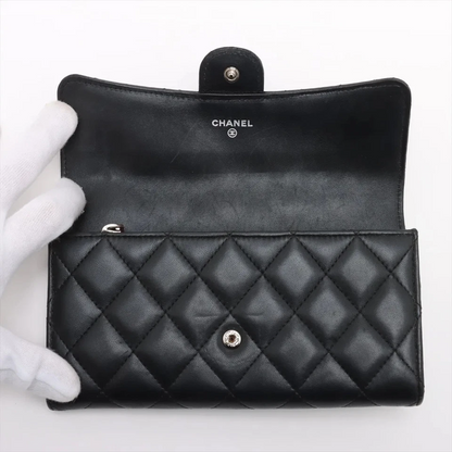 Chanel Matelasse Lambskin Long Wallet Black Silver Metal Fittings