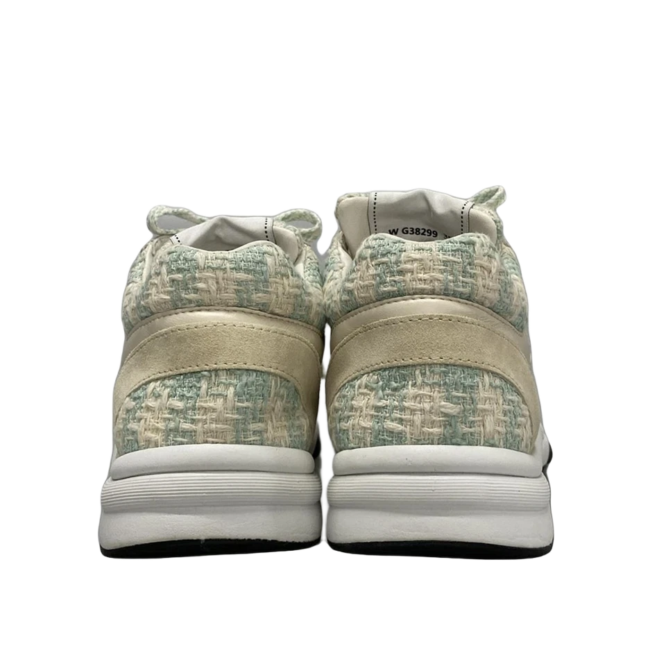 CHANEL Cream Light Green Tweeds Leather Suede Women's Sneakers