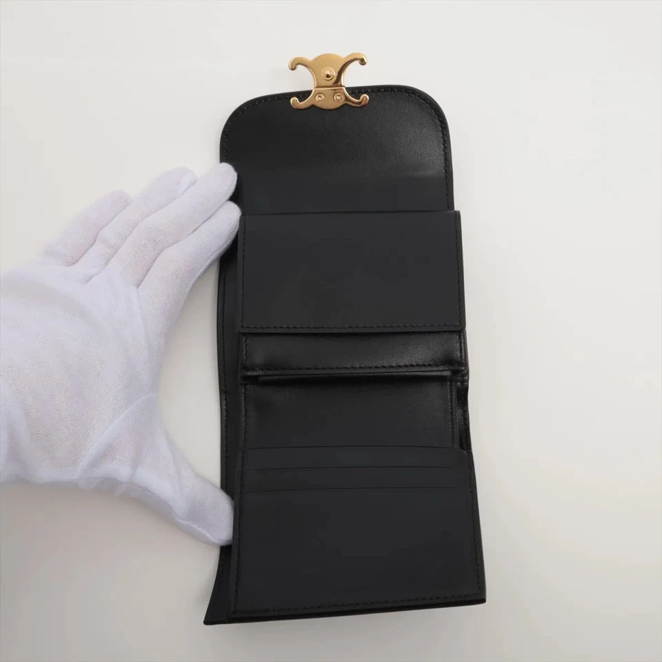 Celine Triomphe Small Flap Wallet Leather Compact Wallet Black