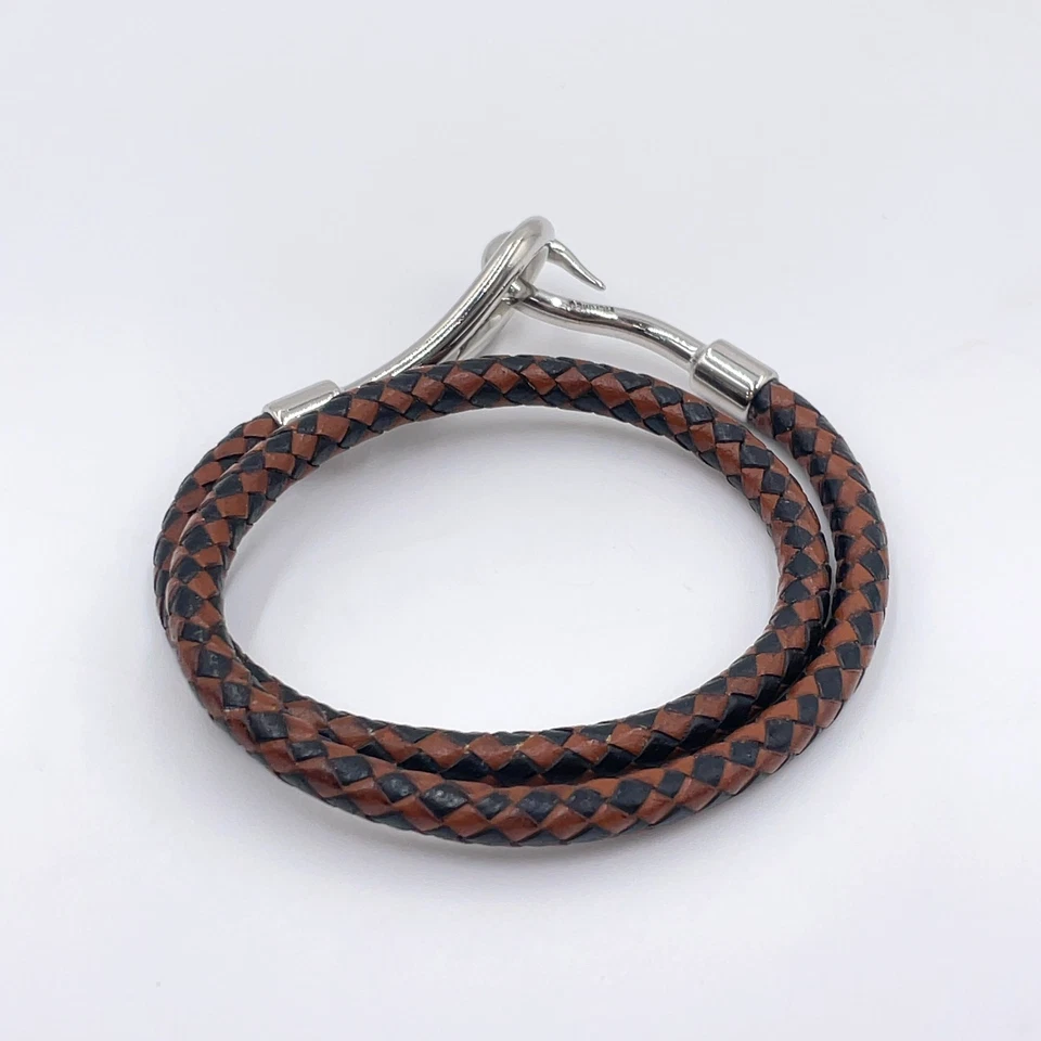 Hermès Double Jumbo SV Bracelet in Silver/Black-Brown Braided Leather