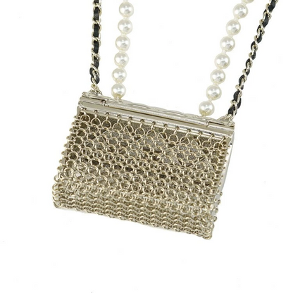 Chanel Matelasse Bag Necklace Faux Pearl Coco Mark Lambskin