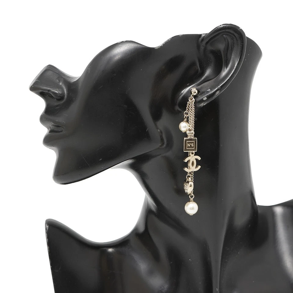 CHANEL CC Logo Perfume Bottle Heart Pearl Earrings Metal Faux Pearl Gold