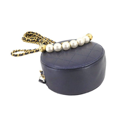 CHANEL Matelasse Round Chain Shoulder Bag Leather Navy Purse