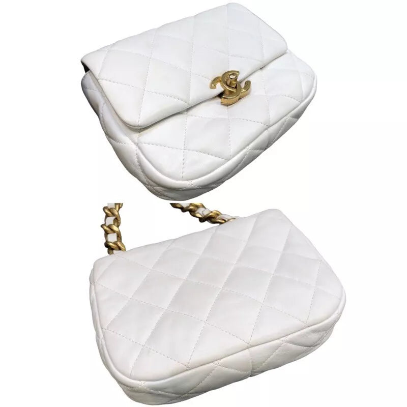 Auth CHANEL Mini Flap Shoulder Bag In White Lambskin