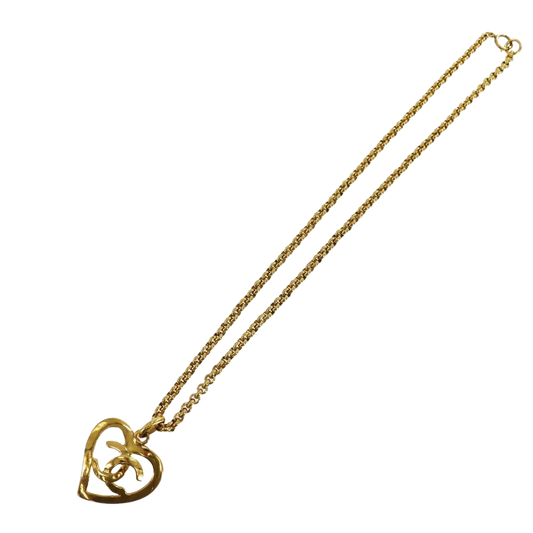 CHANEL CC Logos Heart Used Necklace Pendant Gold-Plated 95P Vintage