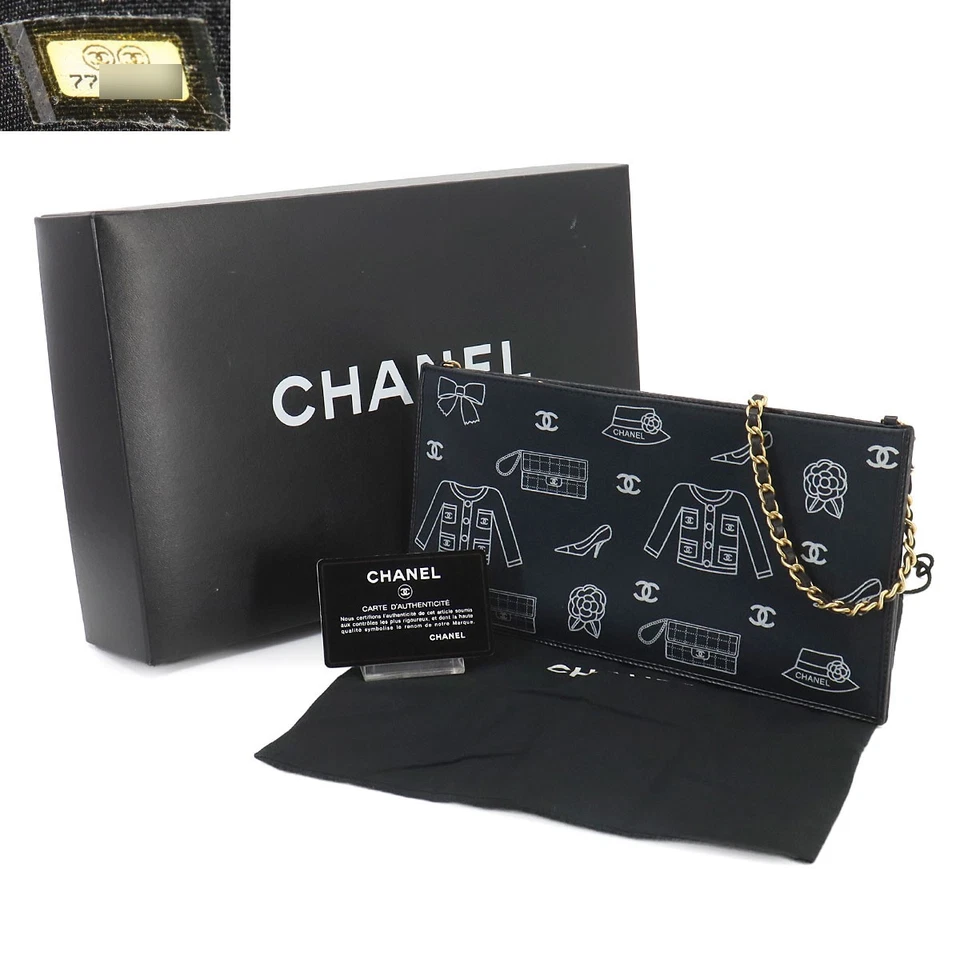 CHANEL Icon Print Chain Shoulder Bag Canvas Leather Black Purse