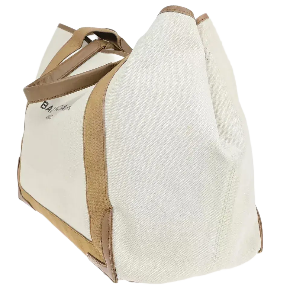 BALENCIAGA Logo Navy Cabas Shoulder Tote Bag – Ivory Brown Canvas/Leather