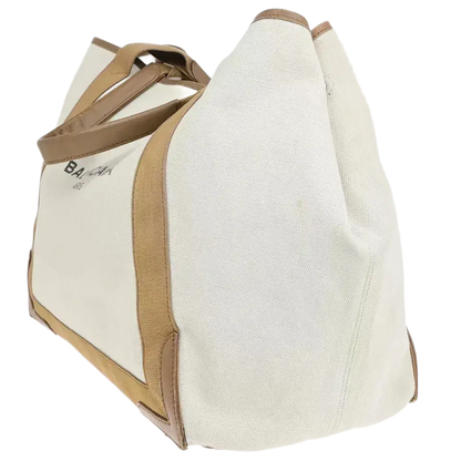 BALENCIAGA Logo Navy Cabas Shoulder Tote Bag – Ivory Brown Canvas/Leather