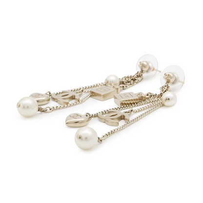 CHANEL CC Logo Perfume Bottle Heart Pearl Earrings Metal Faux Pearl Gold