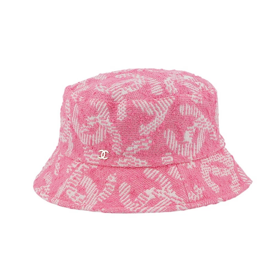 CHANEL CC Logo Tweed Bucket Hat Size M Pink