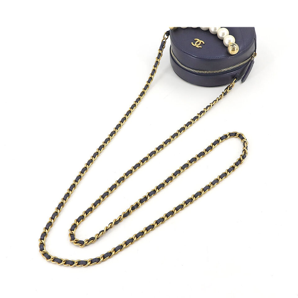 CHANEL Matelasse Round Chain Shoulder Bag Leather Navy Purse