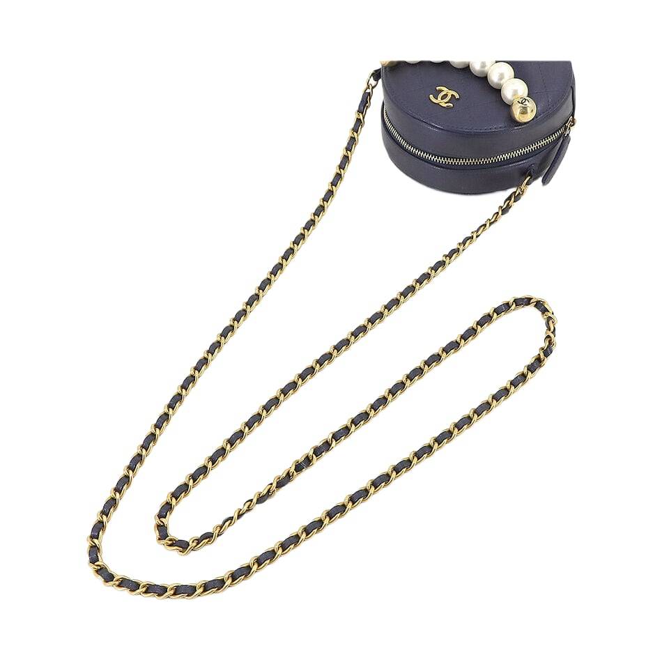 CHANEL Matelasse Round Chain Shoulder Bag Leather Navy Purse