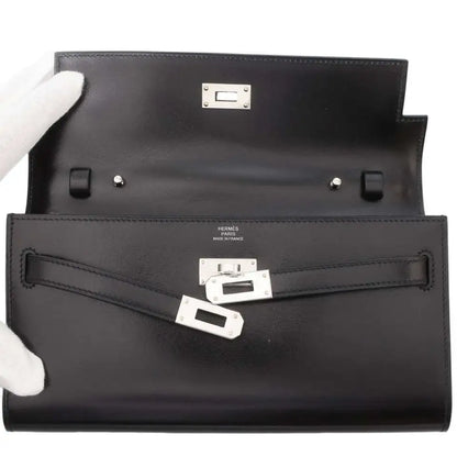 HERMES Kelly Wallet Long to Go Box Calf Leather Black