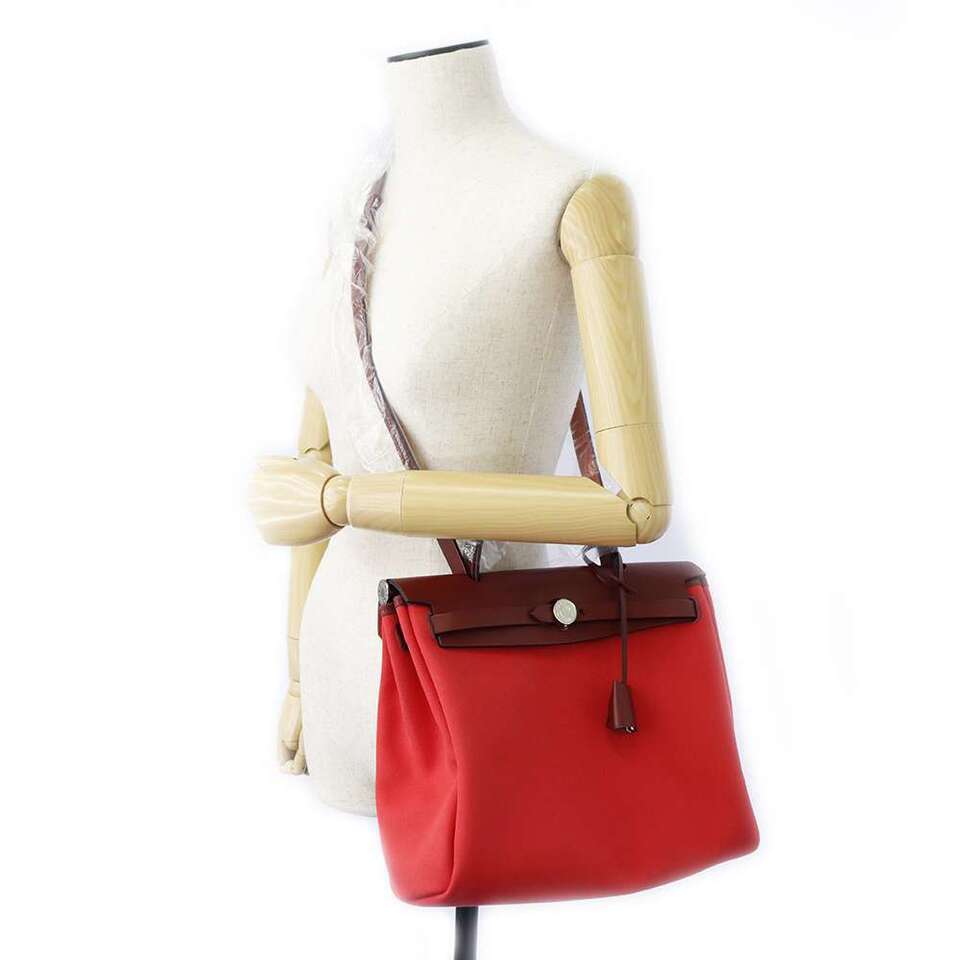 HERMES Herbag zip Size PM Toile Offiche / Vache Hunter Leather Rouge Piment/Rouge H