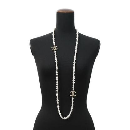 CHANEL Pearl Long Necklace Gold Plated Faux Pearl Rhinestone Champagne Gold