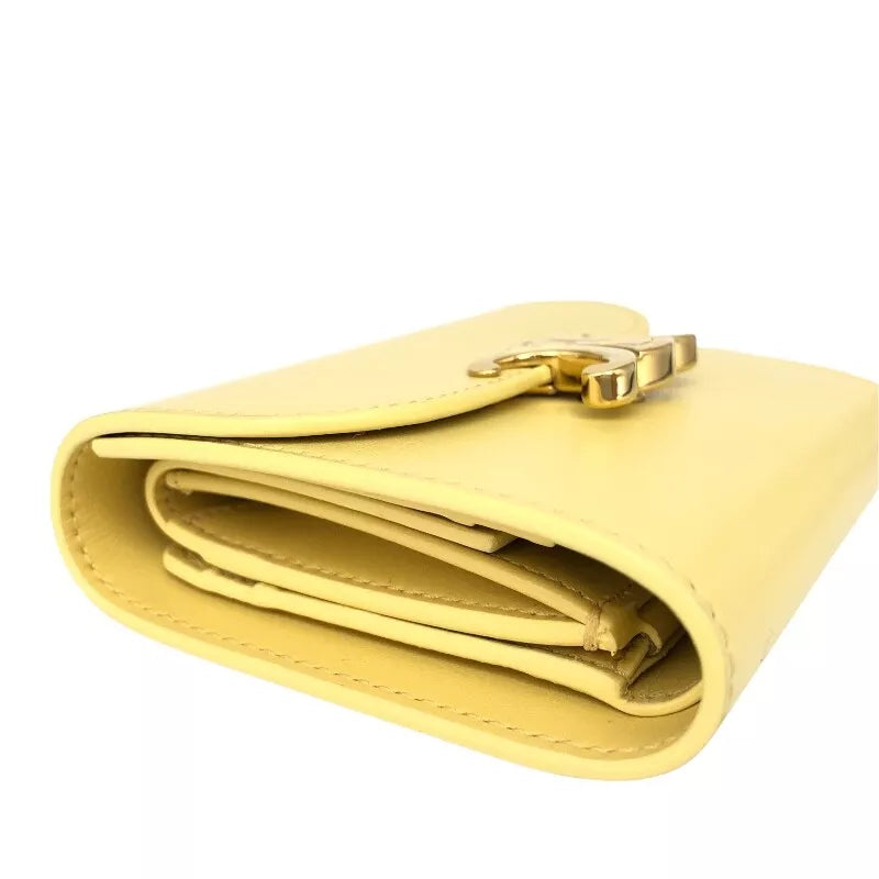 Auth CELINE Small Flap Wallet Tri-fold Wallet Yellow Leather