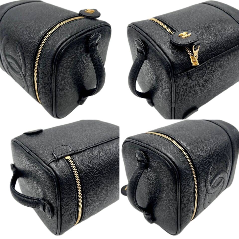 Auth CHANEL CC LOGO Vanity Bag Caviar Skin Leather Black Gold Vintage