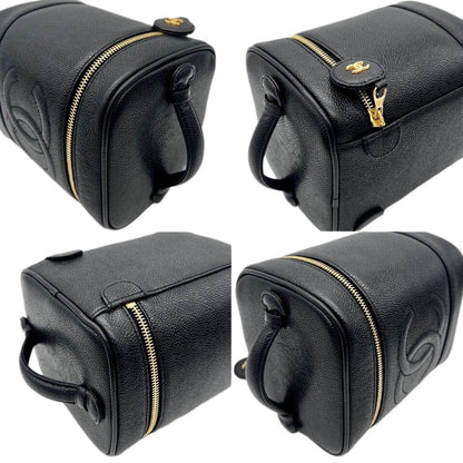 Auth CHANEL CC LOGO Vanity Bag Caviar Skin Leather Black Gold Vintage