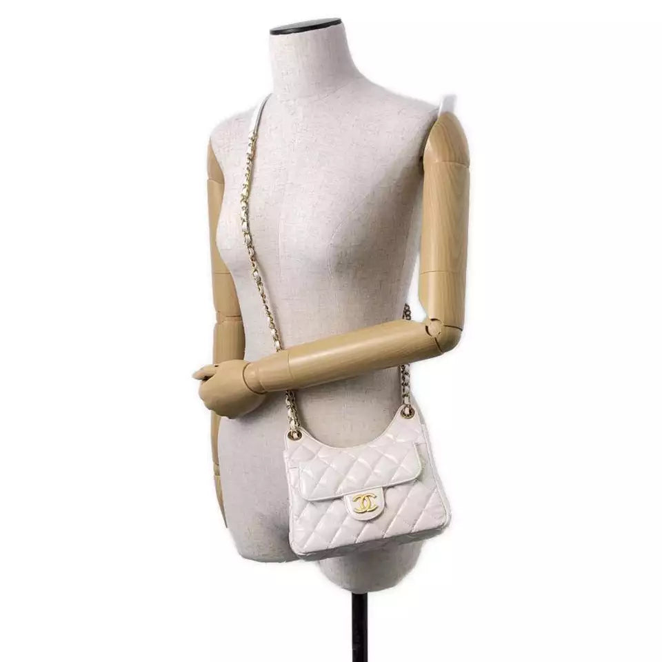 Authentic CHANEL Hobo Chain Shoulder Bag in White Shiny Calf Leather