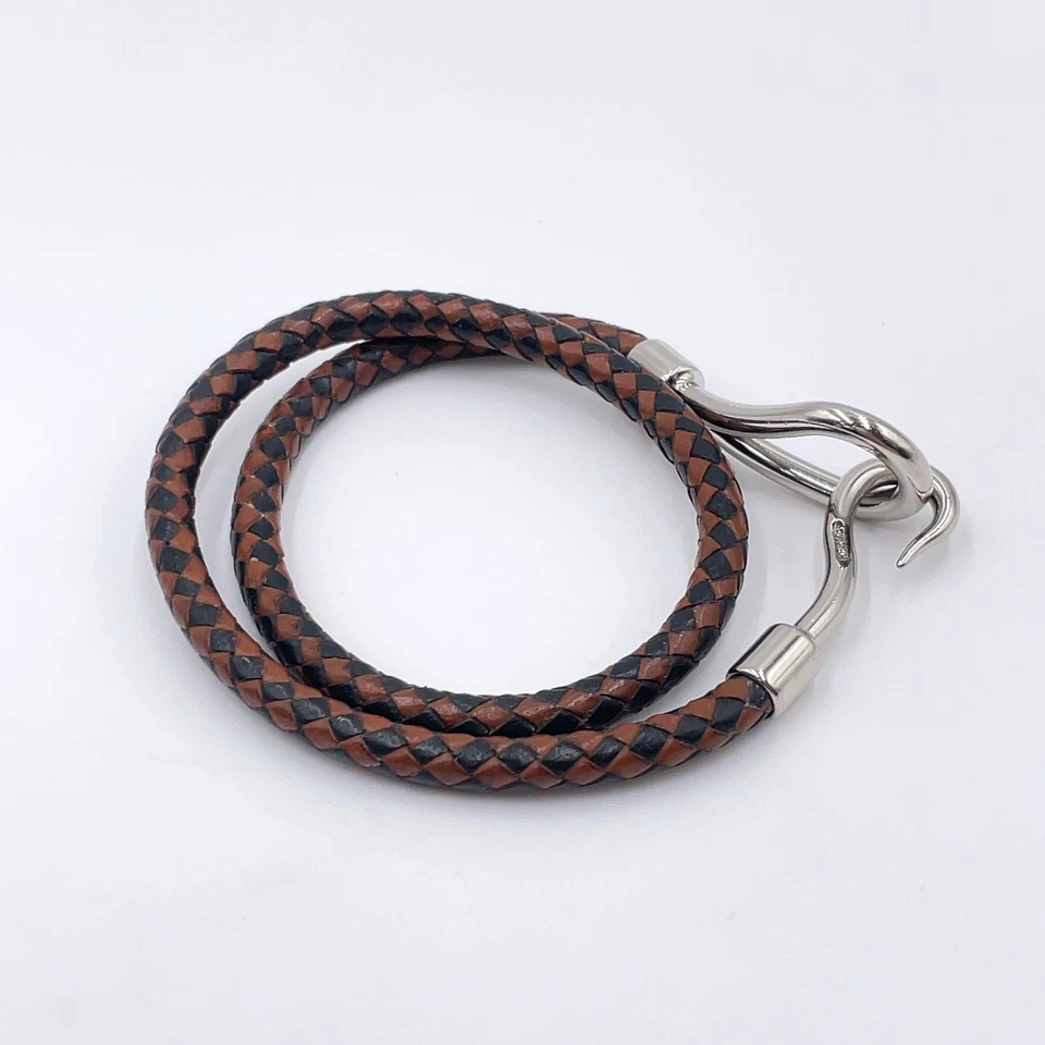 Hermès Double Jumbo SV Bracelet in Silver/Black-Brown Braided Leather