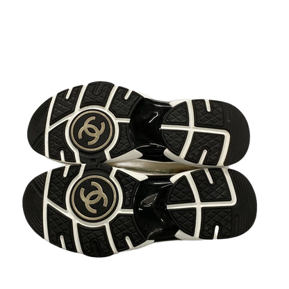CHANEL Cream Light Green Tweeds Leather Suede Women's Sneakers