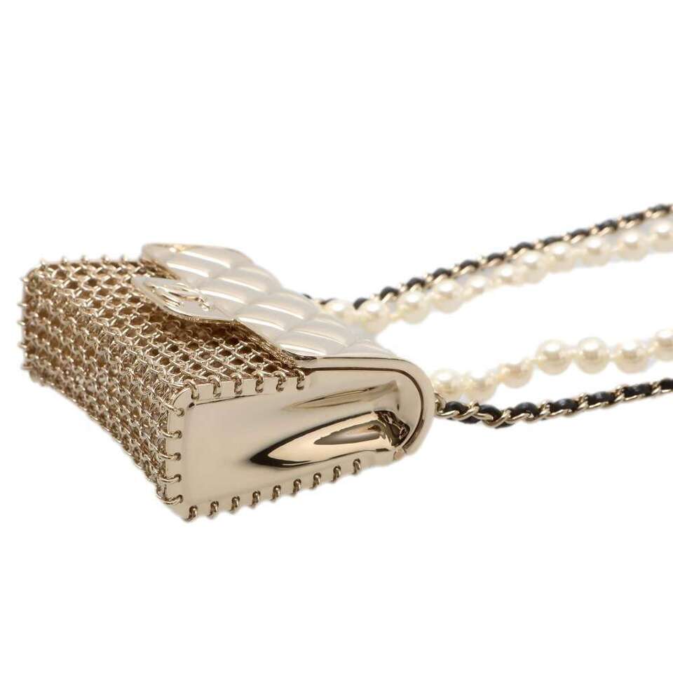 CHANEL Matelasse Bag Motif Long Pearl/Chain Necklace Metal Champagne Gold