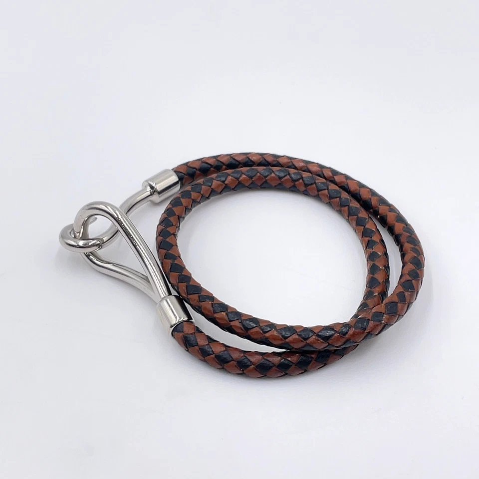 Hermès Double Jumbo SV Bracelet in Silver/Black-Brown Braided Leather