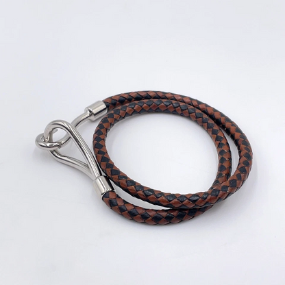 Hermès Double Jumbo SV Bracelet in Silver/Black-Brown Braided Leather