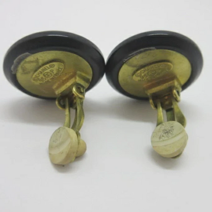 Chanel Vintage CC Logos Round Clip-On Earrings in Gold Tone & Black (95P)