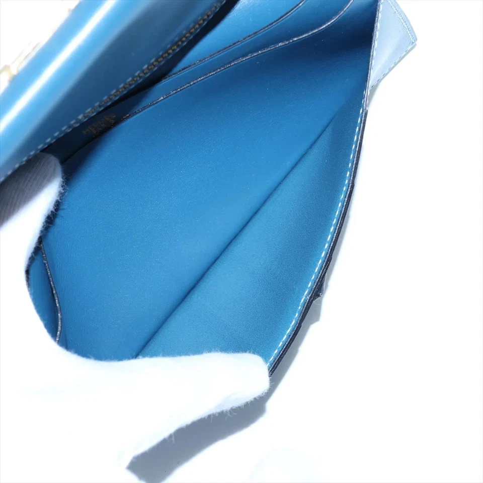 Hermès Bearn Box Calf Long Wallet Blue Gold Metal Fittings G Stamp 2003
