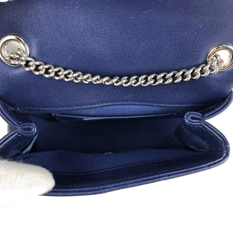 CHANEL Mini Chevron Shoulder Bag In Navy Lambskin with Silver Hardware