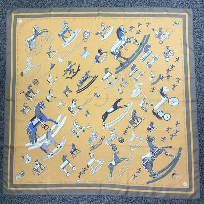 Hermès Carré 90 “Raconte-moi Le Cheval” Silk Scarf in Beige x Multicolor