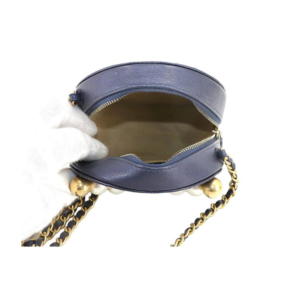CHANEL Matelasse Round Chain Shoulder Bag Leather Navy Purse