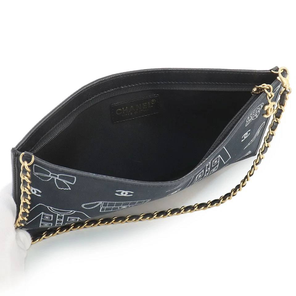 CHANEL Icon Print Chain Shoulder Bag Canvas Leather Black Purse