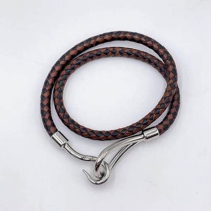 Hermès Double Jumbo SV Bracelet in Silver/Black-Brown Braided Leather
