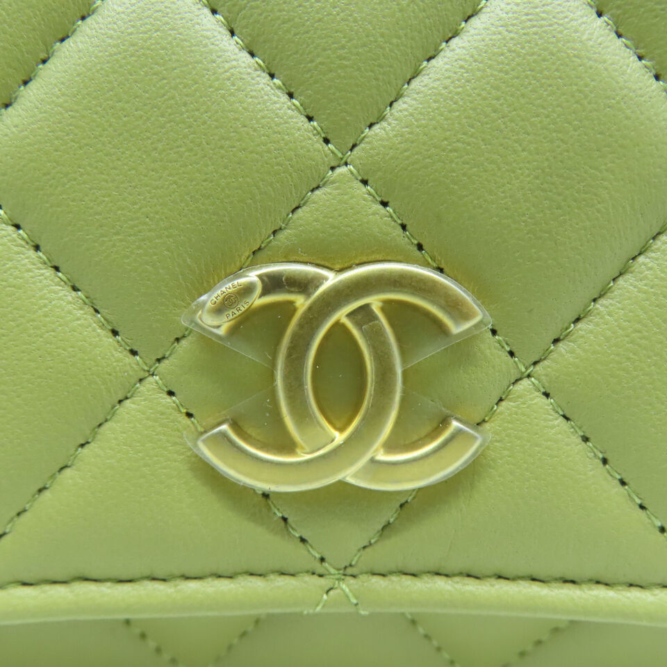 CHANEL Quilted CC GHW Chain Shoulder 2 Way Bag Lambskin Leather Green