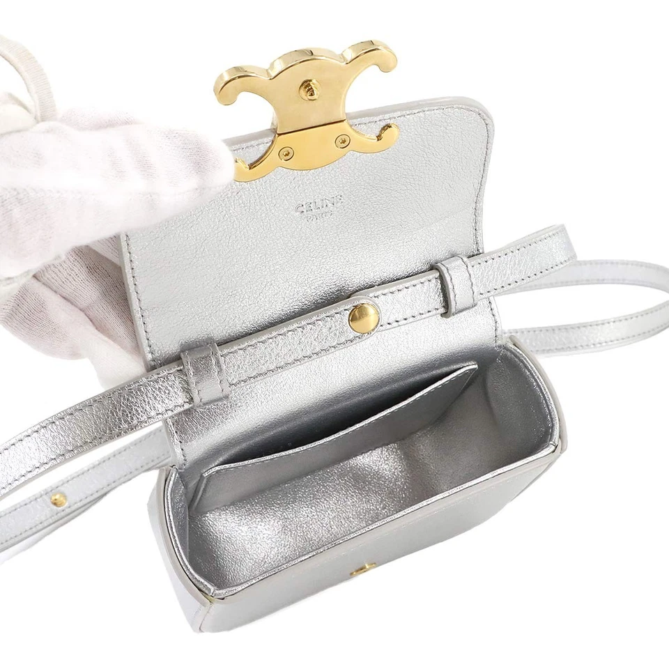CELINE Triomphe Claude Mini Shoulder Bag Leather Silver