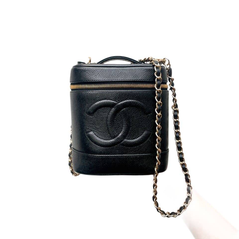 Auth CHANEL CC LOGO Vanity Bag Caviar Skin Leather Black Gold Vintage