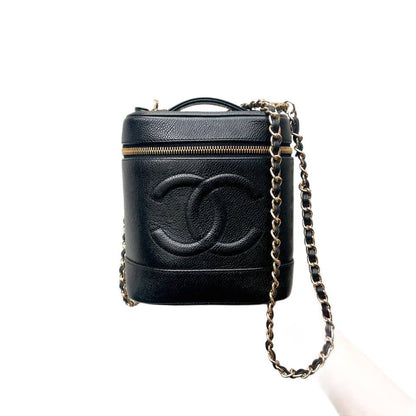 Auth CHANEL CC LOGO Vanity Bag Caviar Skin Leather Black Gold Vintage